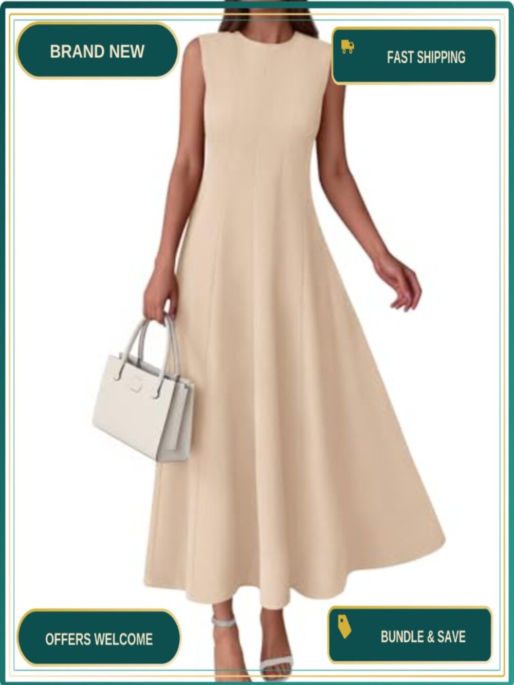 Sleeveless Crewneck Maxi Dress with Pockets Fit & Flare Semi Formal